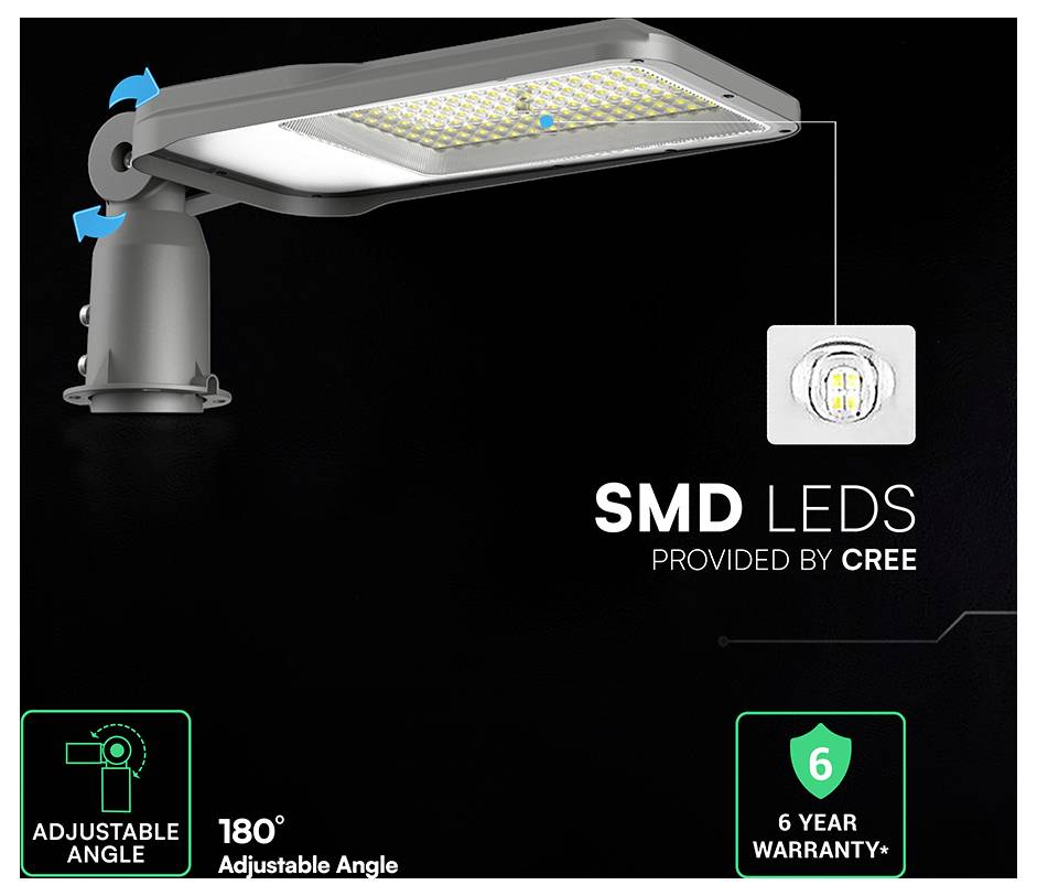 LED ulična svetilka z nastavljiv 180° kot in CREE SMD LED diodami, s poudarjeno 6-letno garancijo.