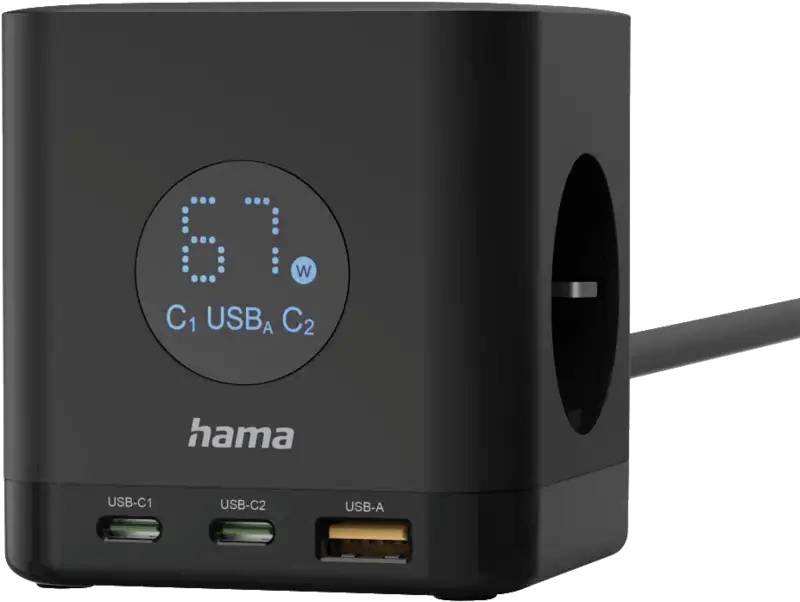 Črna Hama USB polnilna postaja s prikazom 67W izhoda moči in tremi vrati: dve USB-C in en USB-A.
