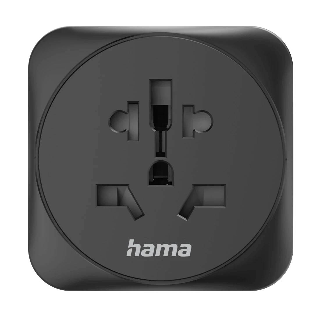 Črni univerzalni potovalni adapter Hama z okroglo čelno stran in več odprtinami za vtičnice.