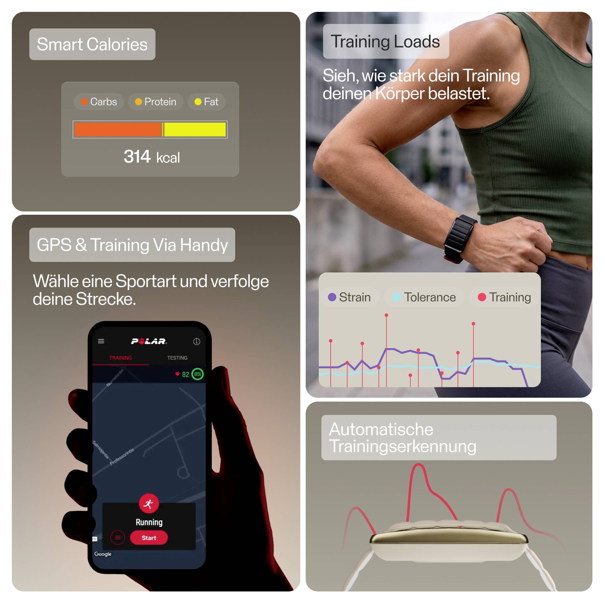 Kolaž značilnosti aplikacije za fitnes: pametni kaloriji, sledenje treningom na osnovi GPS-a prek telefona, grafikon trenažne obremenitve in samodejno zaznavanje vadbe.