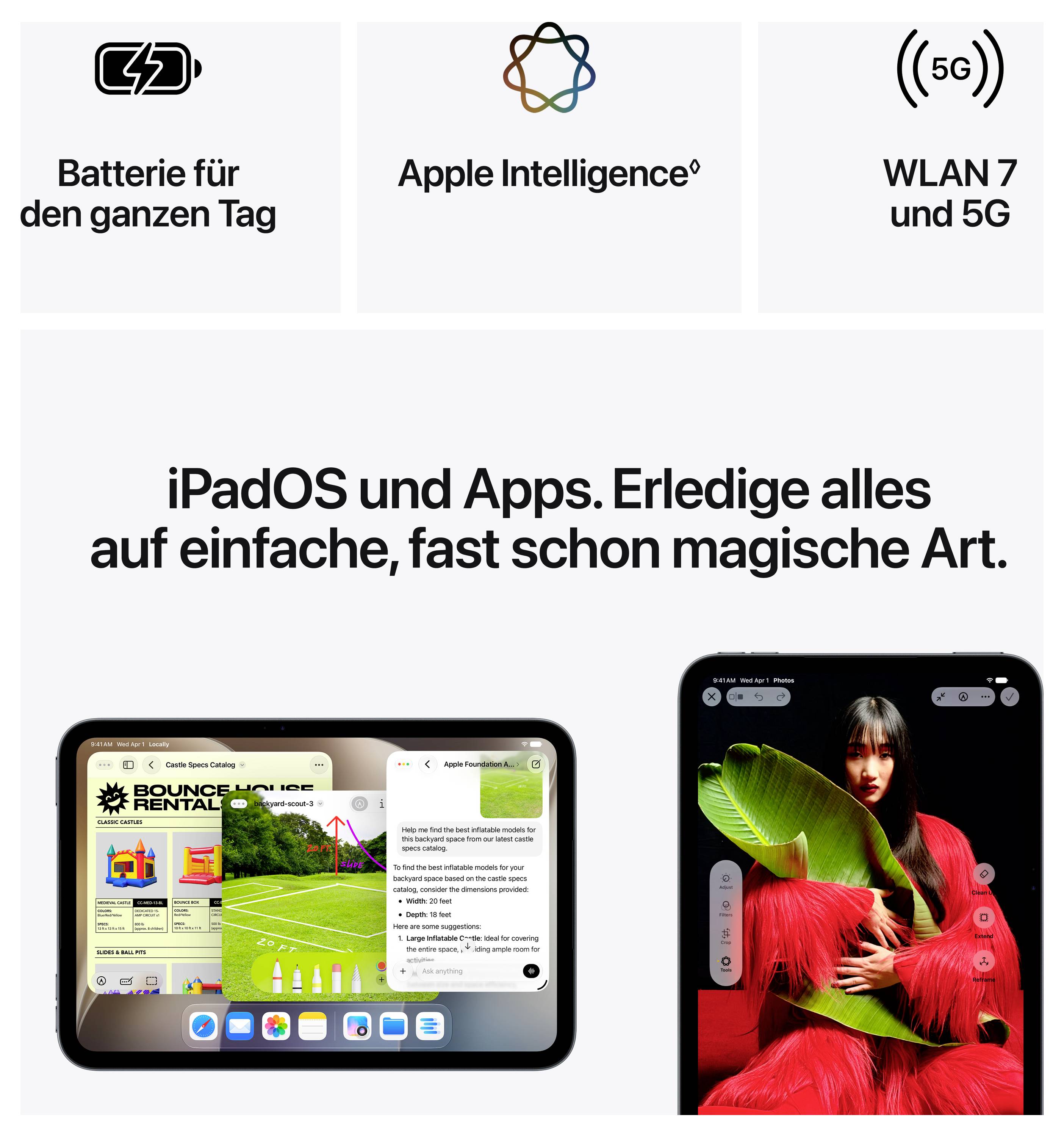 Promocijska slika za iPadOS: zgoraj ikone za baterijo, Apple Intelligence in WLAN 7/5G; spodaj besedilo „iPadOS und Apps...“ z dvema posnetkoma zaslona iPada.