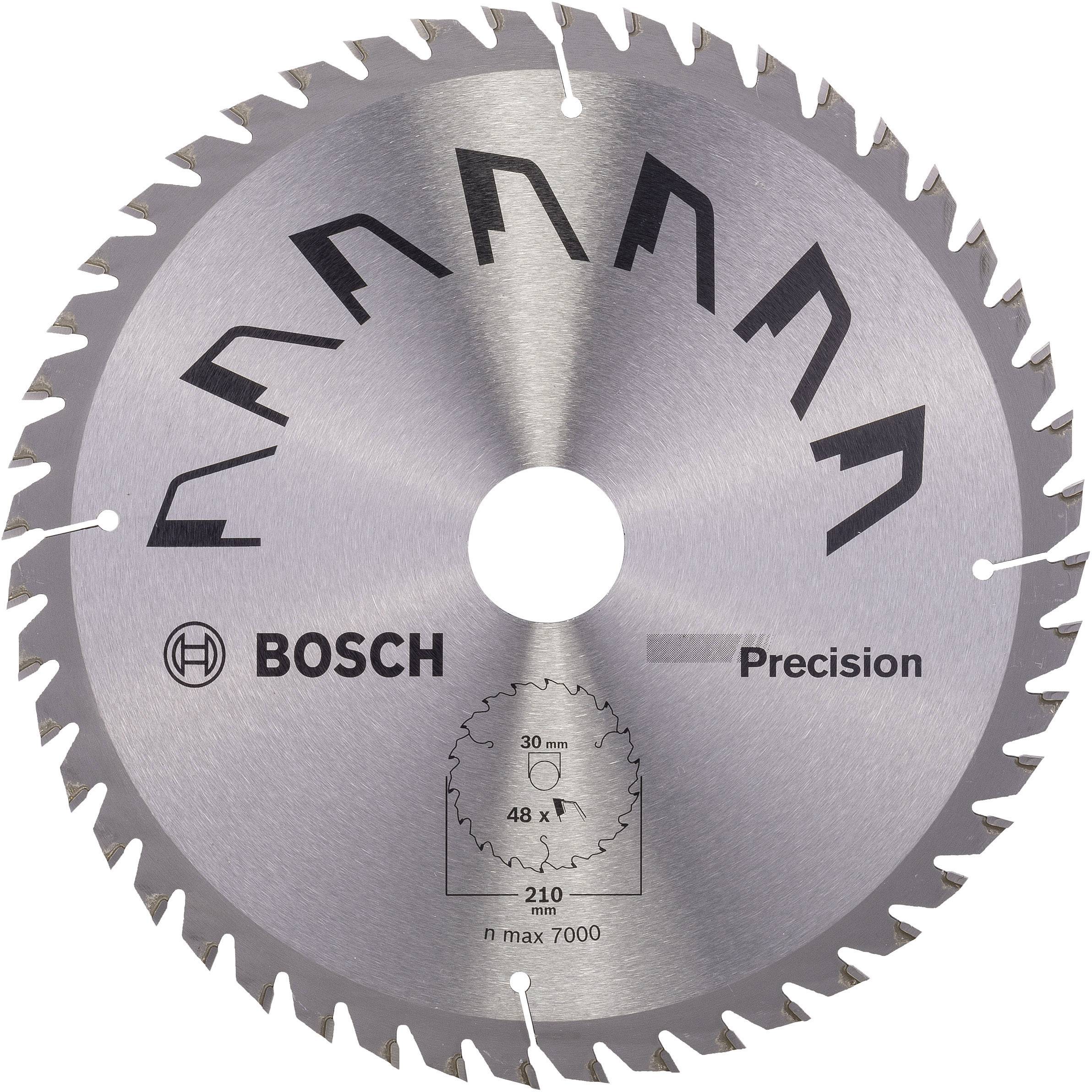 Krožna žaga Bosch, model 'Precision', premer luknje 30 mm, premer 210 mm, maks. 7000 obratov/min, primerna za natančno rezanje.