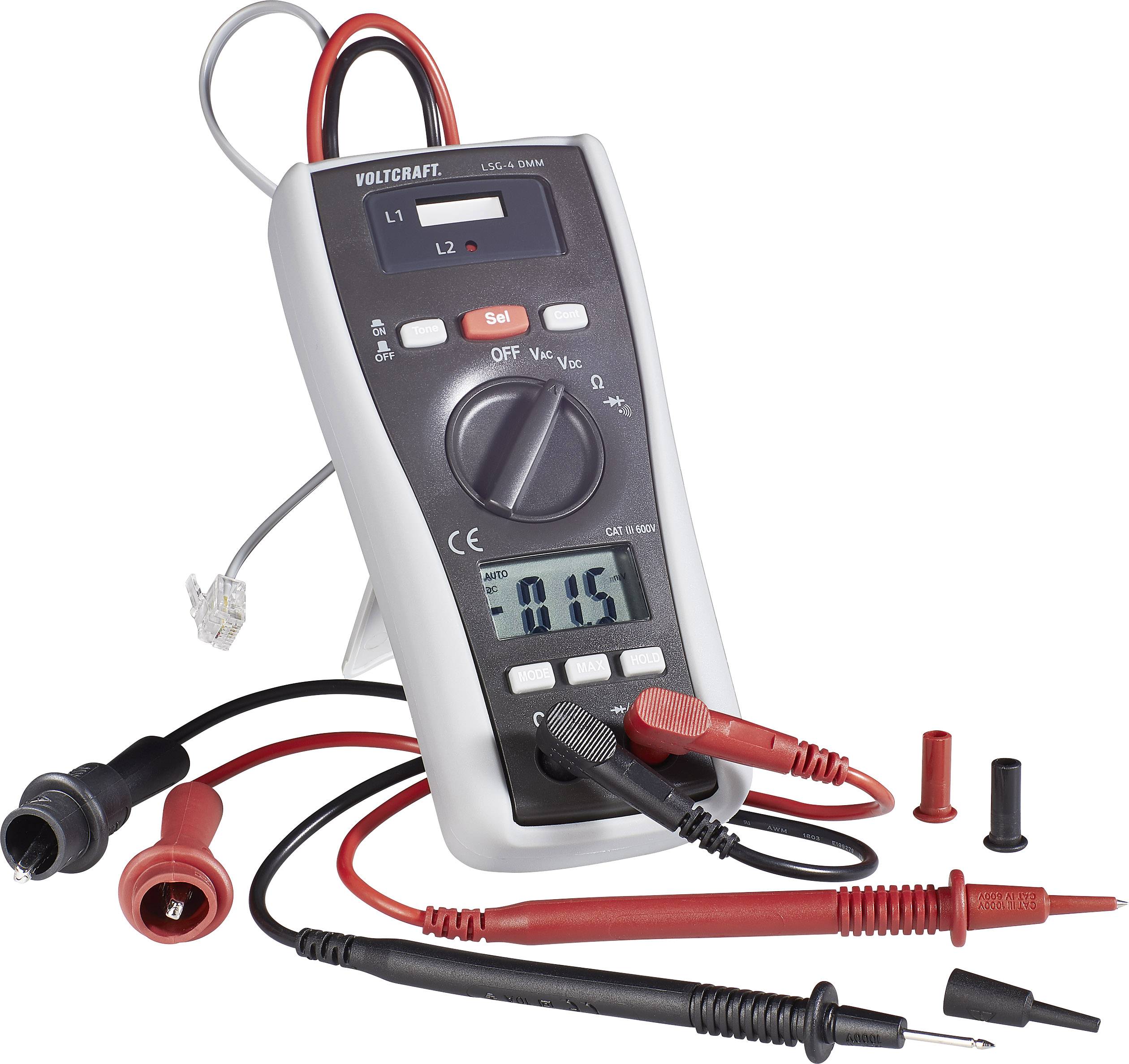 Digitalni multimeter z zaslonom, prikazuje '0.15'. Vsebuje merilne kable in vrtljiv gumb za različne meritve.