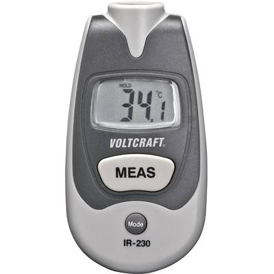 Digitalni infrardeči termometer kaže 34,1 °C. Naprava s sivim ohišjem in tipkama za 'MEAS' in 'Mode'. Blagovna znamka 'Voltcraft'.