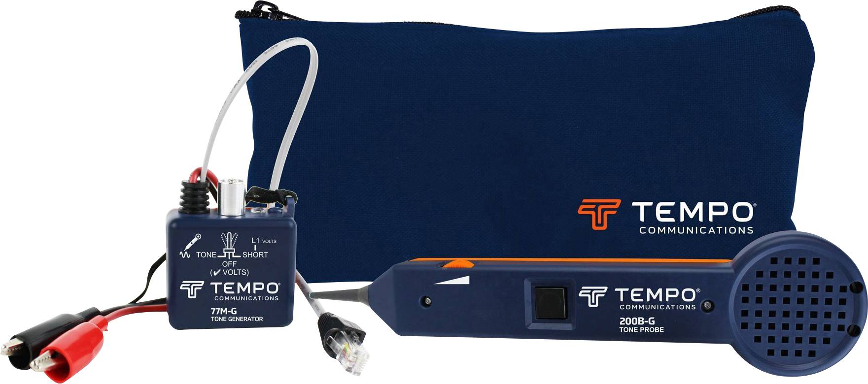 Generator tonov in naprava za preizkušanje podjetja Tempo Communications s kabli in modro shranjevalno torbo. Uporablja se za sledenje kablov.