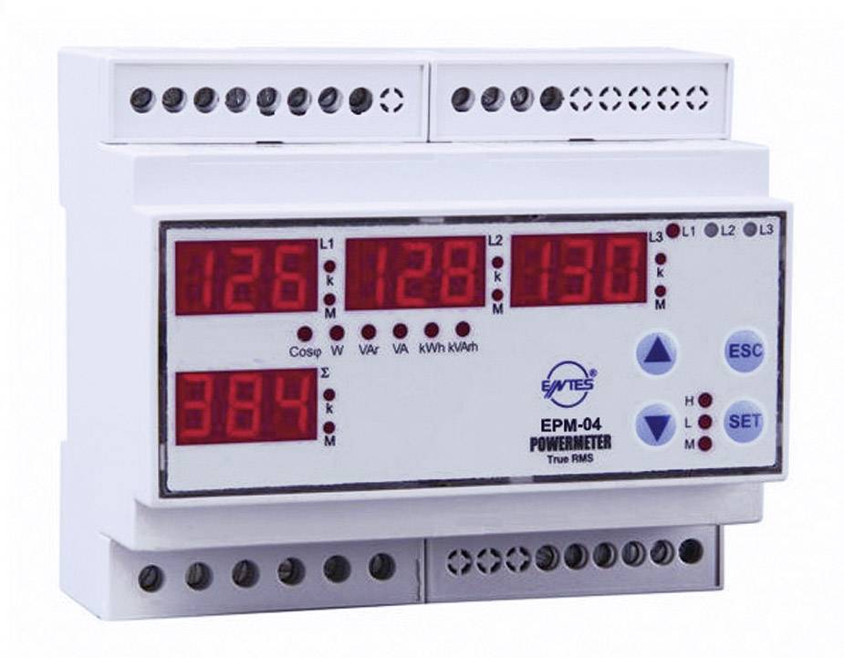 Digitalni merilnik energije: Štirimestni LED-zaslon za napetosti (L1, L2, L3) in tokovno vrednost. Gumbi za ESC in SET.