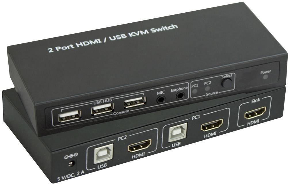2-portno stikalo KVM HDMI / USB z USB- in HDMI-priključki. Sprednja stran ima dva USB-priključka, zadnja stran pa dva HDMI- in USB-B-priključka.