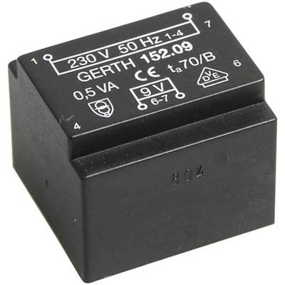 Črn transformator, označen z '230V 50Hz 1-4', 'GERTH 152.09', '0,5 VA', 'CE', '9V', 'ta 70/B'.