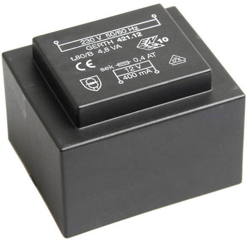 Črn transformator z napisom: 230 V 50/60 Hz, 12 V 400 mA, zaščitni simboli. Oblika: pravokoten, kompakten.