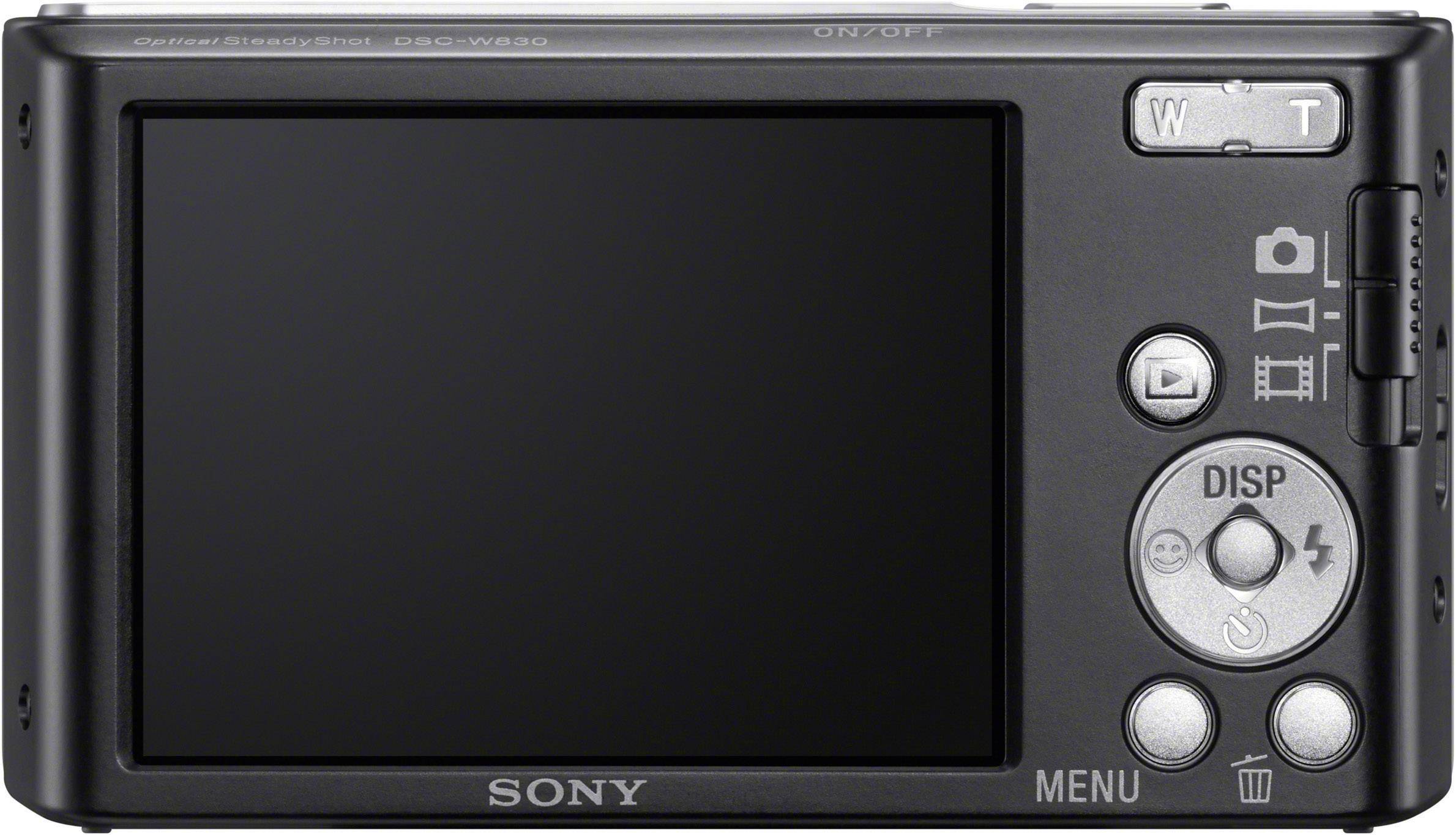 Črni digitalni fotoaparat znamke 'Sony' z velikim zaslonom na zadnji strani in več kontrolnimi tipkami.