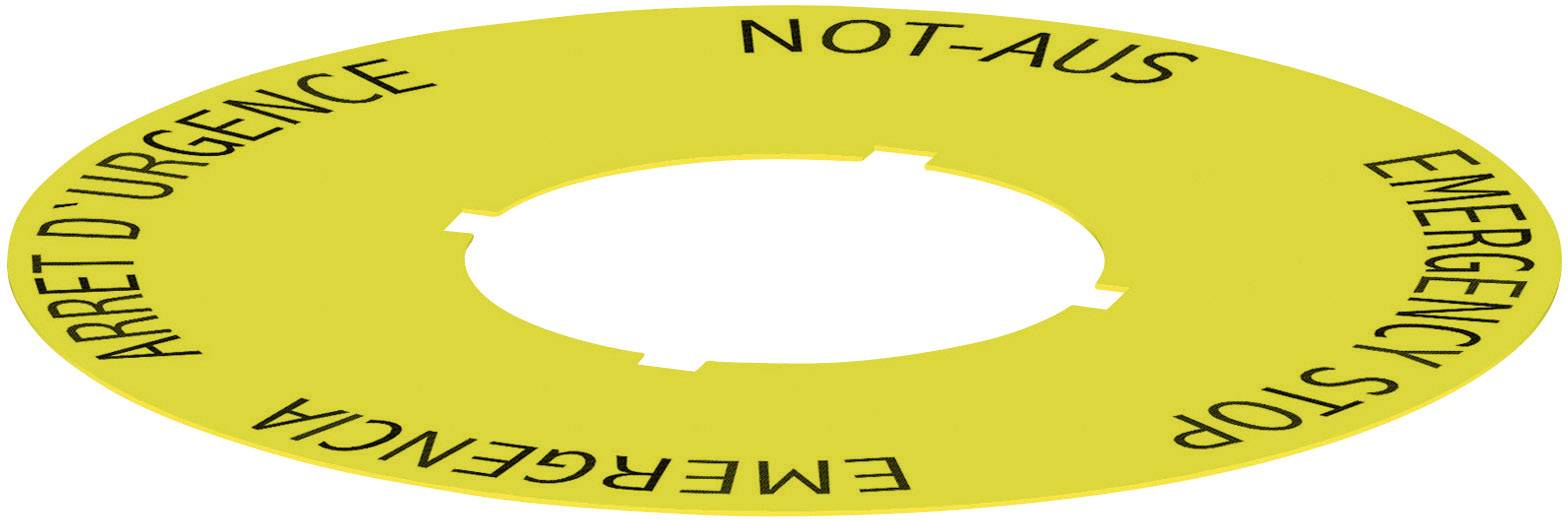 Rumeni gumb za nujni izklop z večjezičnim napisom 'Not-Aus', 'Emergency Stop', 'Arret d'Urgence', 'Emergencia'.