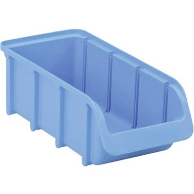 Moder plastični zabojnik z odprtim sprednjim delom, primeren za shranjevanje manjših predmetov ali za uporabo v sistemih polic.