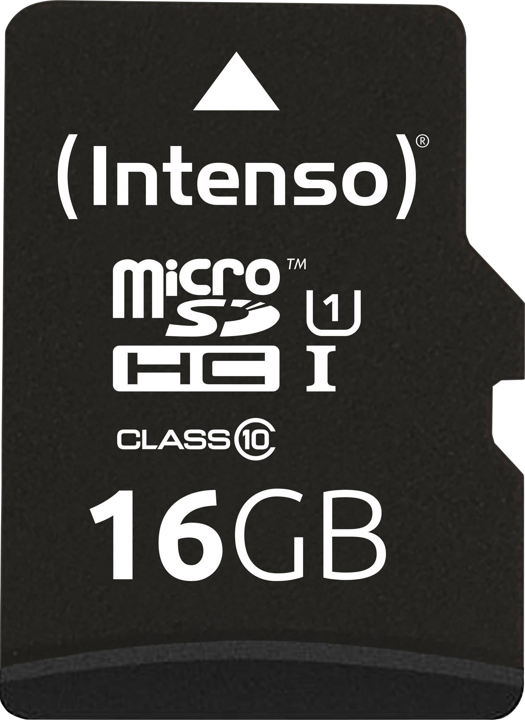 Schwarze Intenso MicroSD kartica s 16 GB kapaciteto, razred 10, U1. Idealna za hiten prenos podatkov v fotoaparatih in drugih napravah.