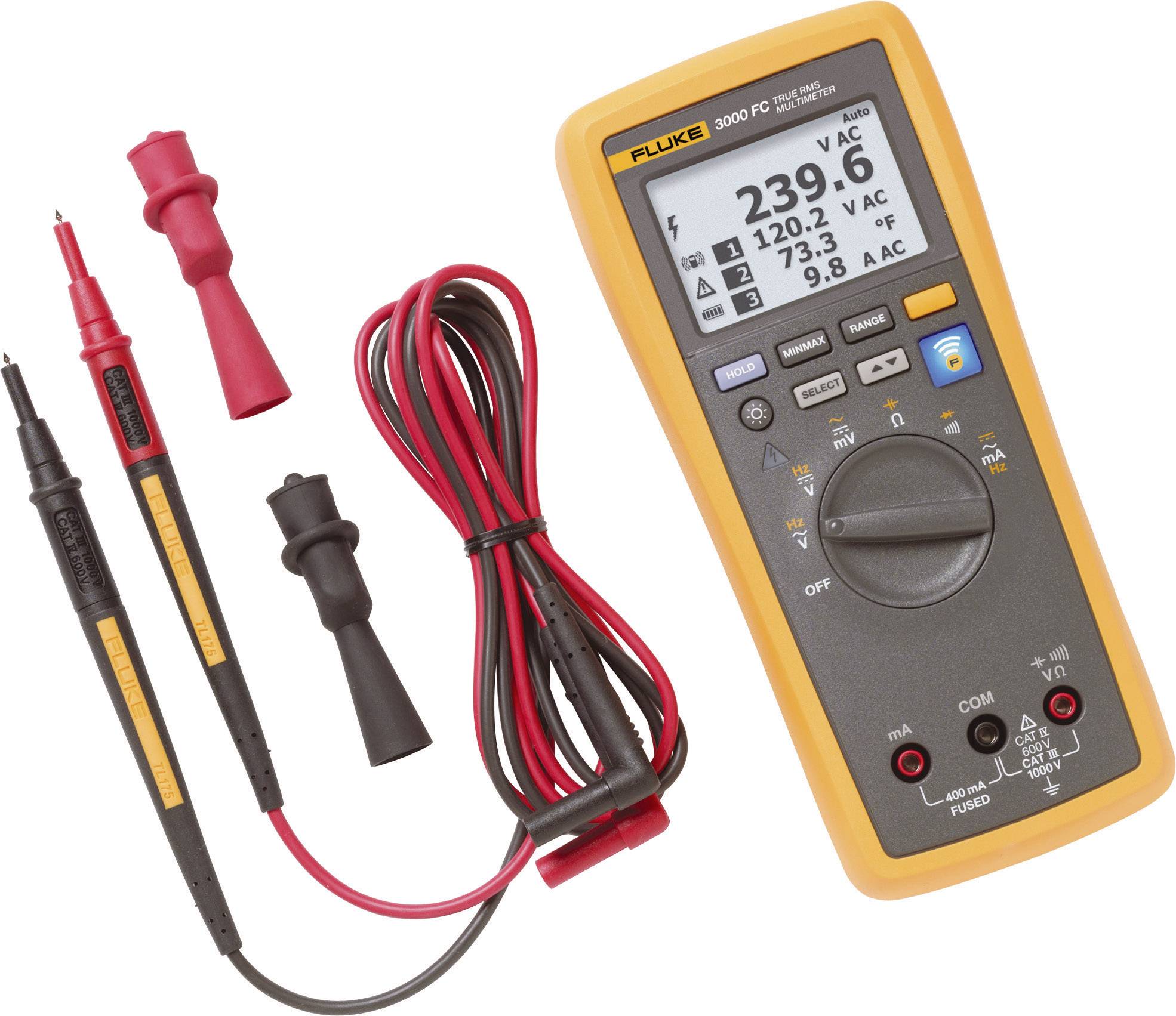 Digitalni multimeter z LCD zaslonom prikazuje 239,9 V. Vsebuje rdeče in črne merilne kable ter krokodilne sponke.