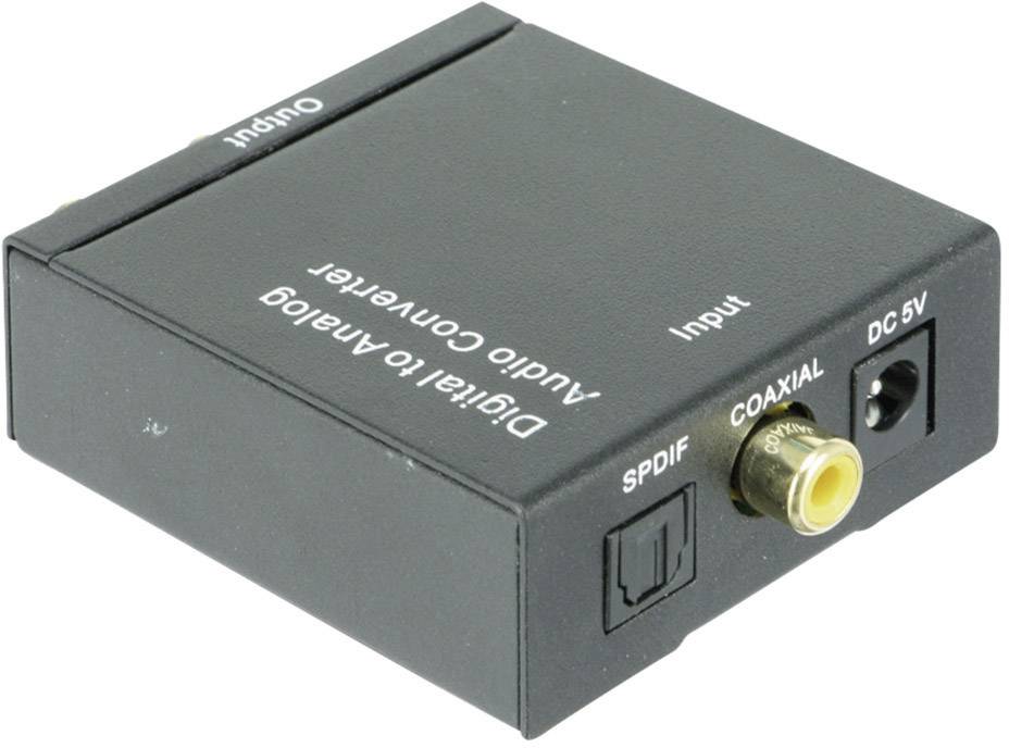 Digitalno-analogni avdio pretvornik z vhodi za S/PDIF, koaksialni priključek in DC 5V napajanje, ki označuje vhod in izhod.
