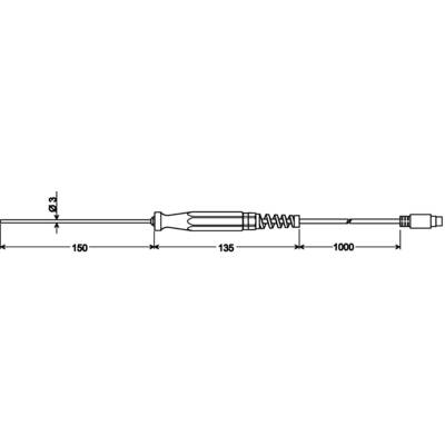 Tehnična risba antene, prikazuje dimenzije: dolžina palice 150 mm, elastični del 135 mm, skupna dolžina 1000 mm, premer 3 mm.