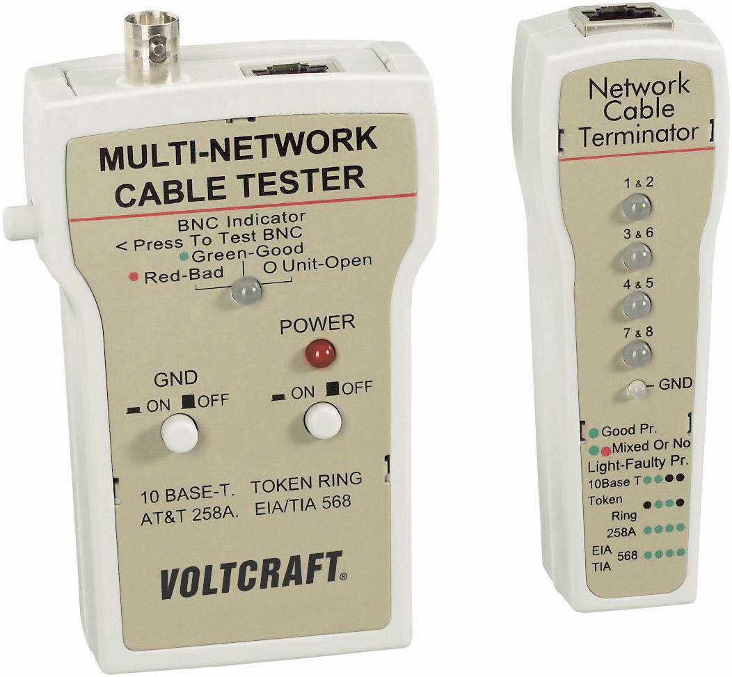 Mrežni tester kablov z glavno in terminatorsko enoto, prikazuje statusne lučke za BNC in RJ45. Možnosti testiranja za 10 BASE-T, TOKEN RING, AT&T, EIA/TIA 568.