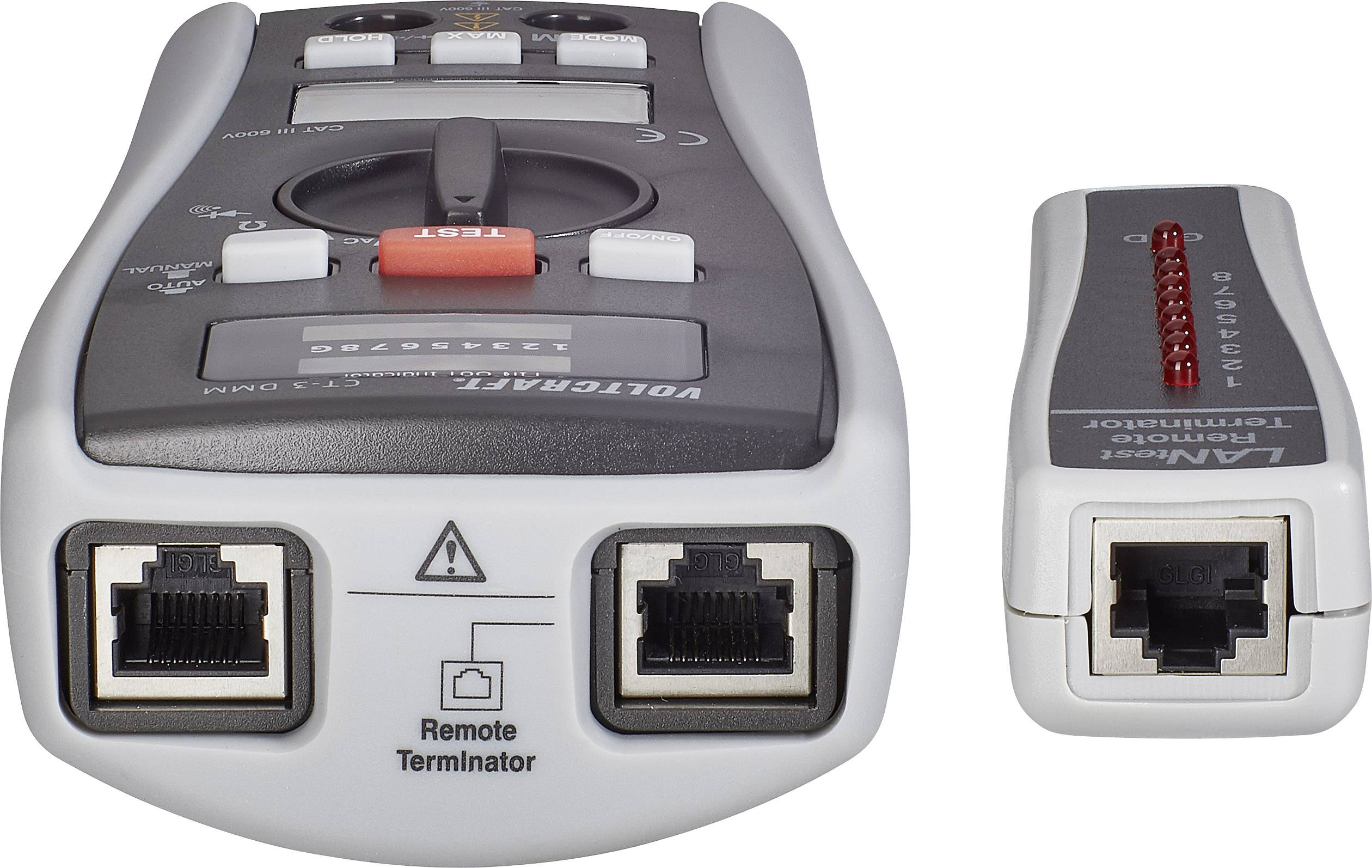 Tester kablov z oddaljenim terminatorjem, LED-indikatorji na vrhu za prikaz stanja, dva Ethernet priključka spodaj za preverjanje kablov.