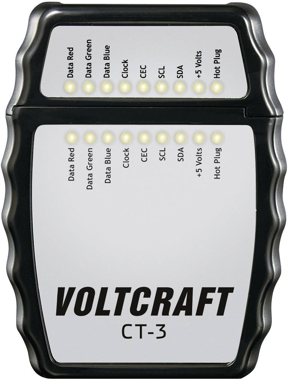 Tester naprav 'Voltcraft CT-3' z LED-indikatorji za podatkovna in napetostna vodila: Data Red, Data Green, Data Blue, Clock, CECK, SC, SDA, +5 voltov, Hot Plug.
