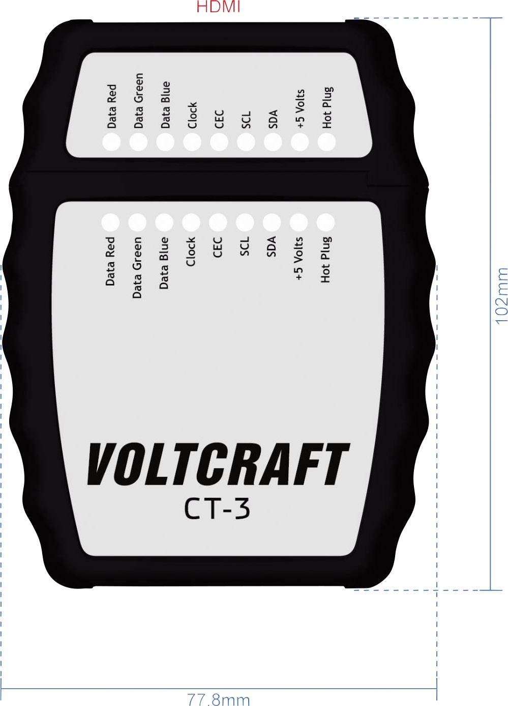 Črna naprava z napisom 'VOLTCRAFT CT-3', ki prikazuje več podatkovnih priključkov za HDMI, vključno s podatkovnimi kabli in napajanjem.