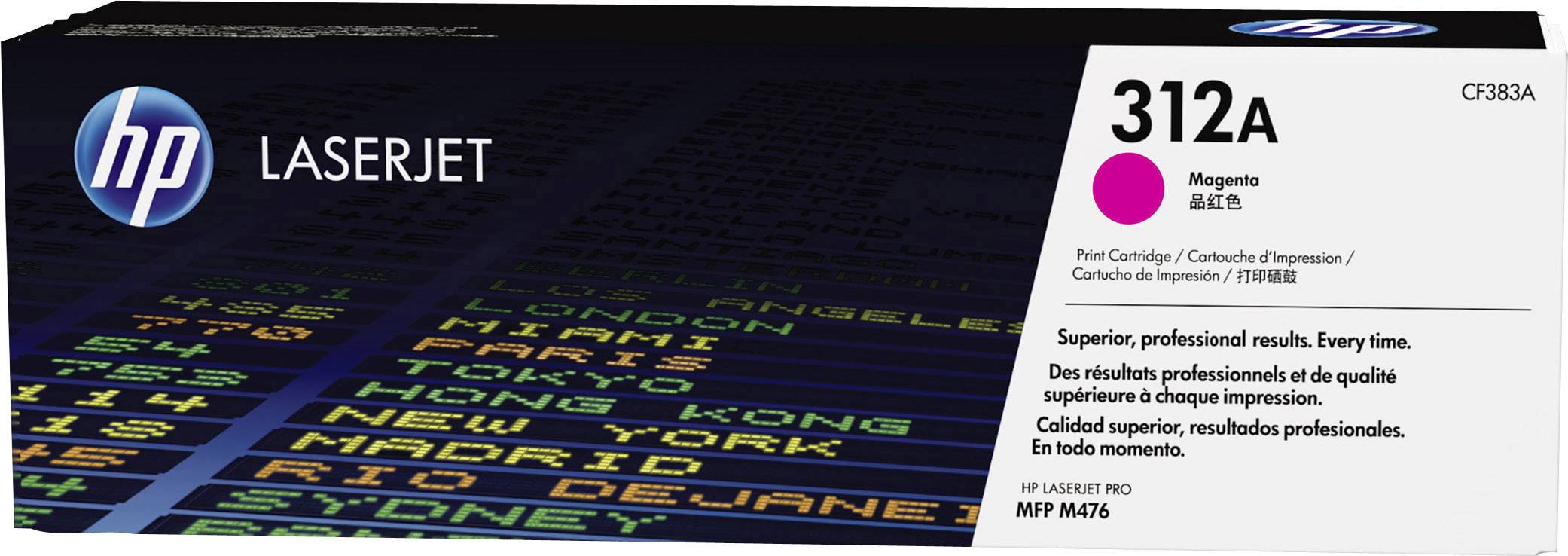 Tiskarski kartuš HP LaserJet 312A v magenti, model CF383A, primeren za MFP M476. Embalaža prikazuje besedilo na digitalnem zaslonu.