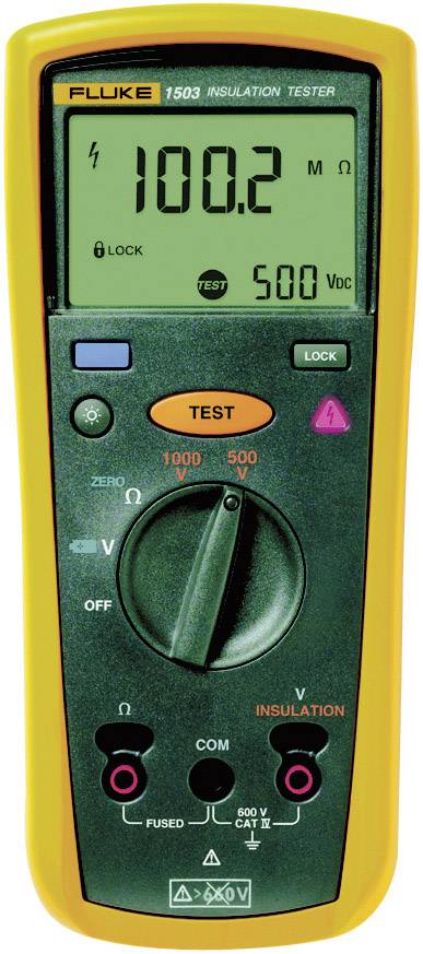 Fluke 1503 merilnik izolacije z digitalnim zaslonom, prikazuje izmerjeno vrednost 100,2 MΩ in preizkusno napetost 500 V. Funkcije za merjenje napetosti in upora.