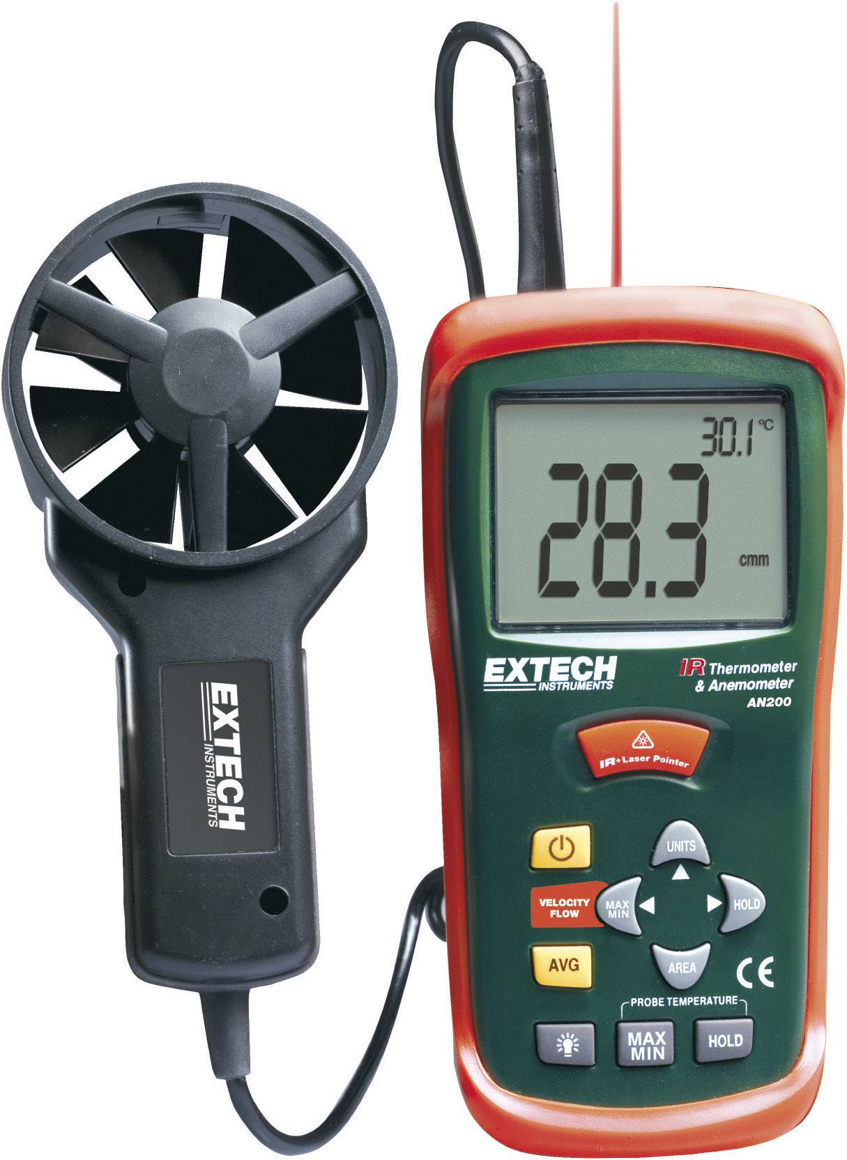 Digitalni anemometer z velikim zaslonom prikazuje '28,3°' in '30,1°'. Levo od zaslona je priključen rotor za merjenje hitrosti.