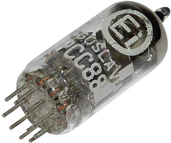Elektronska cev z oznako 'Ei YU 80S6LAM PCC88', stekleni valj z kovinskimi kontakti, uporabljena v starih elektronskih napravah.