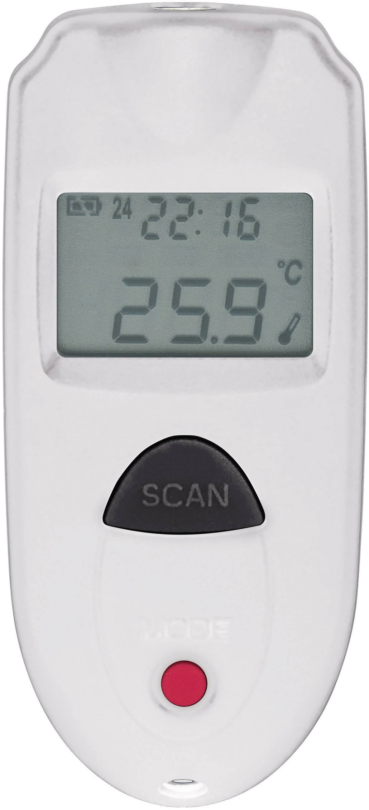Digitalni termometer z LCD-zaslonom prikazuje '25,9°C'. Ima tipki za 'Scan' in 'Mode' ter prikazuje čas '23:16'.