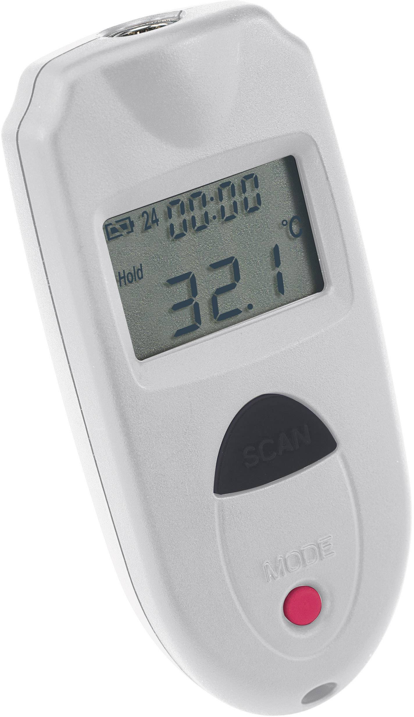 Digitalni termometer na zaslonu prikazuje temperaturo 32,1 °C. Naprava ima tipki za 'Scan' in 'Mode'.