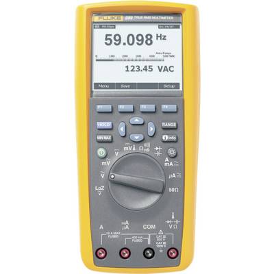 Digitalni multimeter na zaslonu prikazuje '59,098 Hz' in '123,45 VAC'. Ima več funkcijskih tipk in rotacijski izbirnik.