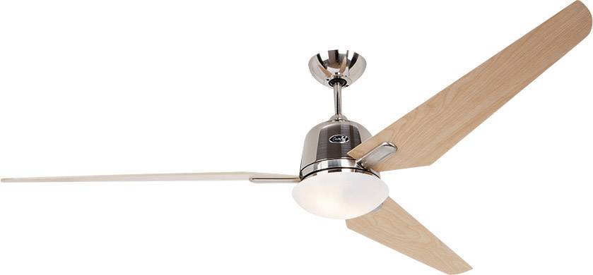 Stropni ventilator z dvema svetlo rjavima lesenima kriloma in kovinskim ohišjem na sredini.