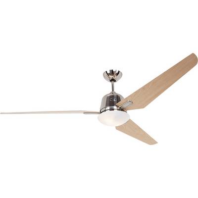 Stropni ventilator z dvema svetlo rjavima lesenima kriloma in kovinskim ohišjem na sredini.
