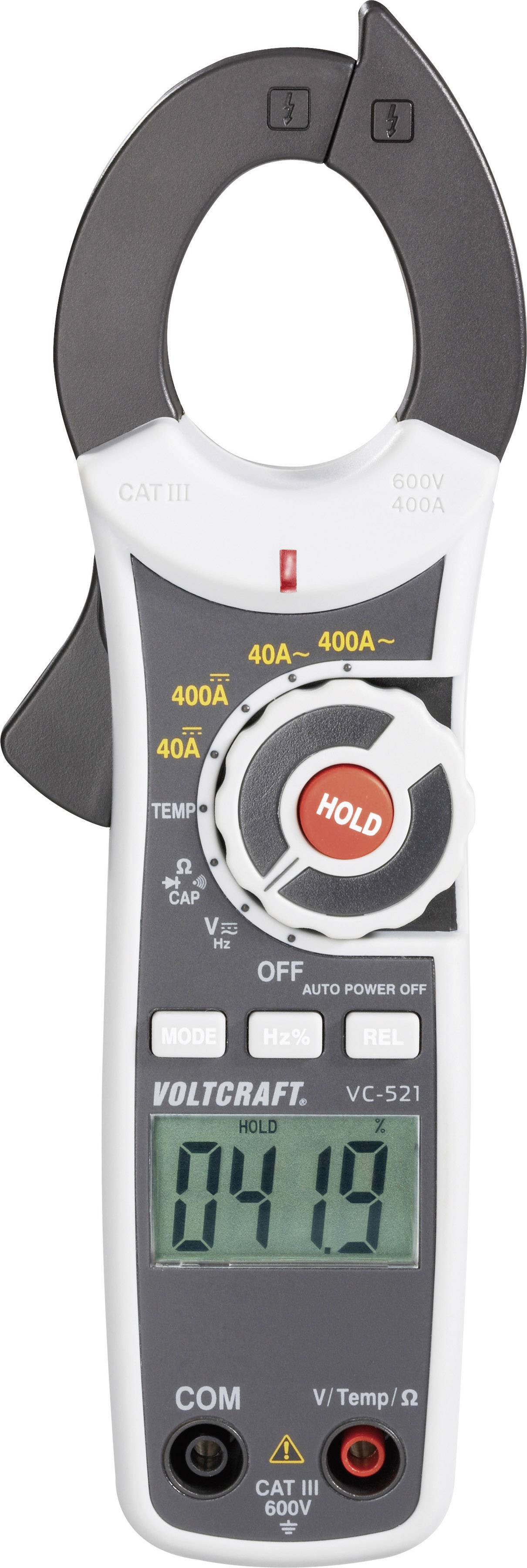 Tokovne klešče, ročni multimeter, digitalni VOLTCRAFT VC-521 kalibracija narejena po: delovnih standardih, CAT III 600 V število znakov na zaslonu: 4000
