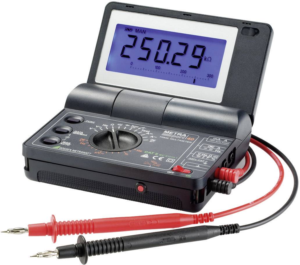 Digitalni multimeter prikazuje '250,29 kΩ'. Rdeči in črni merilni kabli so nameščeni spredaj.