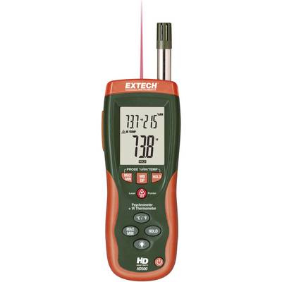 Digitalni termometer prikazuje '73,8' stopinj. Ima tipke za merjenje temperature v Celziju in Fahrenheitu ter vsebuje sondo.