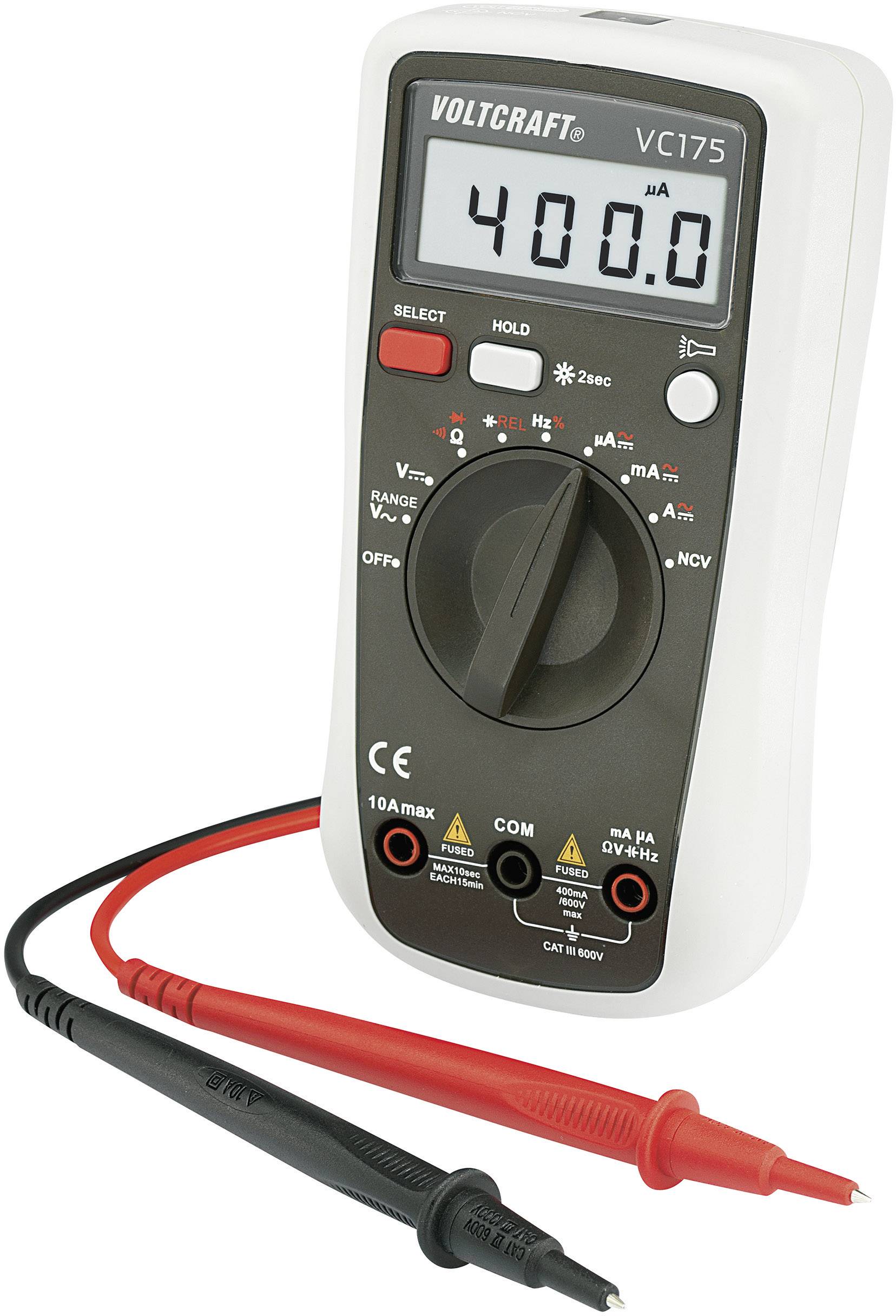 Digitalni multimeter z zaslonskim prikazom '400,0 µA', obračalnim stikalom za merilne načine ter rdečimi in črnimi merilnimi kabli.