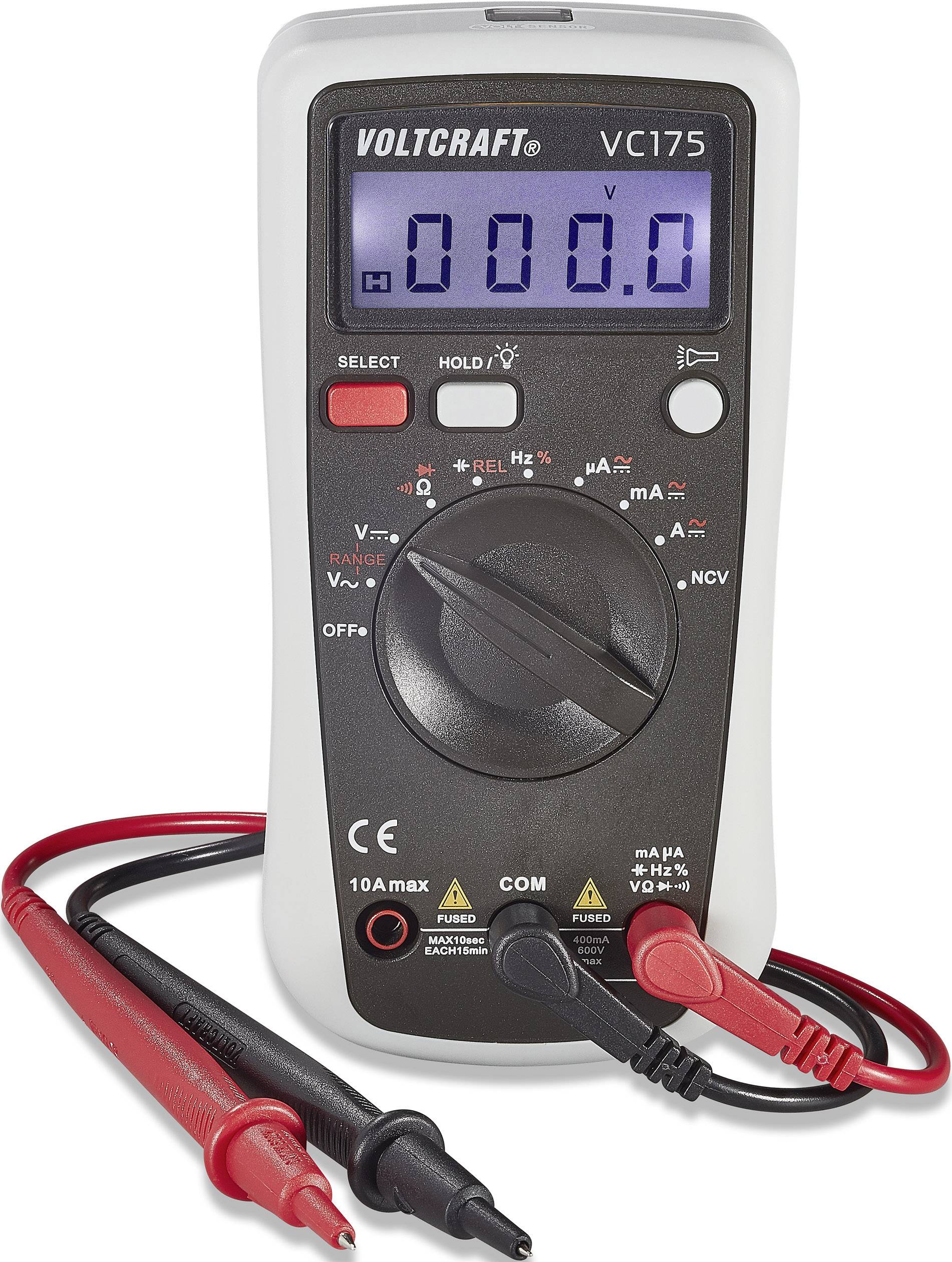 Digitalni multimeter z zaslonom, ki prikazuje '0.00 V', vrtljivi gumb za različne meritve, dva merilna kabla v rdeči in črni barvi.