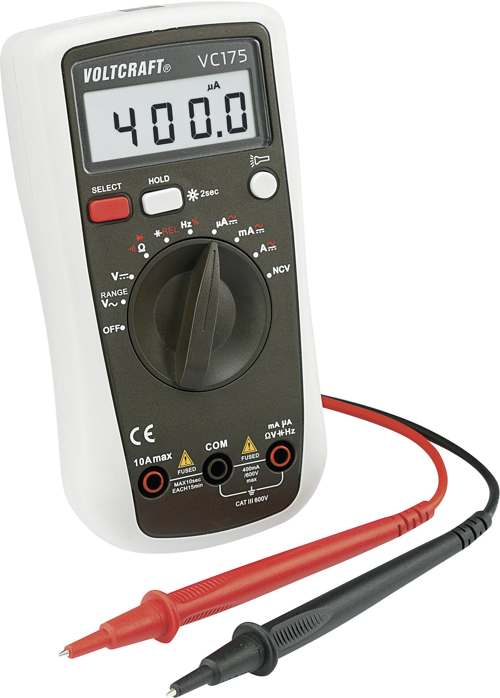 Digitalni multimeter Voltcraft VC175 prikazuje vrednost '400,0 µA'. Stikalo je nastavljeno na enosmerni tok. Merilni kabli so priključeni v rdečo in črno vtičnico.