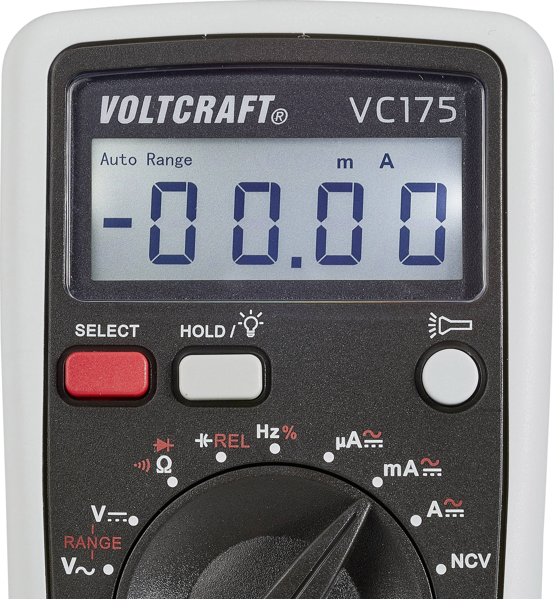 Digitalni multimeter z zaslonom, ki prikazuje vrednosti '-00.00 mA' v načinu samodejnega razpona. Drsni gumb in tipke za nastavitev različnih merilnih funkcij.