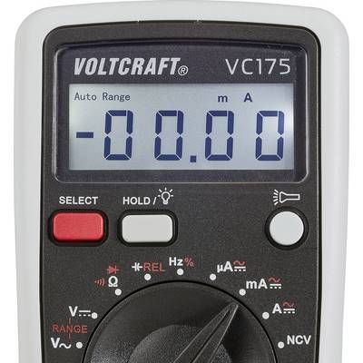 Digitalni multimeter z zaslonom, ki prikazuje vrednosti '-00.00 mA' v načinu samodejnega razpona. Drsni gumb in tipke za nastavitev različnih merilnih funkcij.