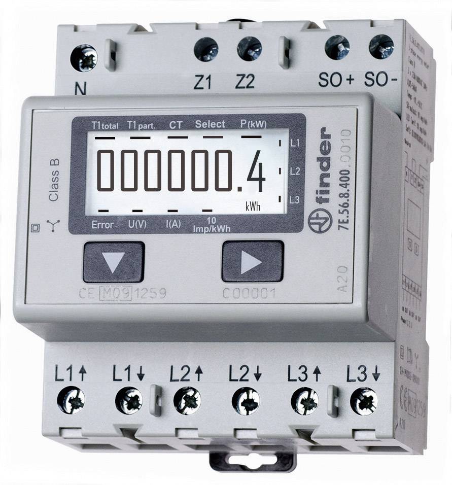 Digitalni elektromer na beli podlagi z več priključnimi sponkami in zaslonom, ki prikazuje '000000.4 kWh'.