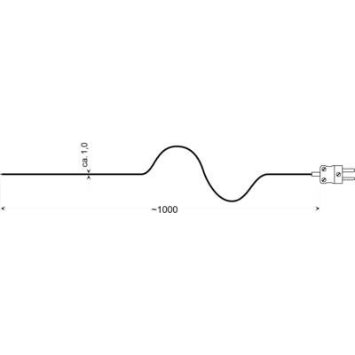 Diagram valovitega kabla z navedbo dimenzij: pribl. 1,0 za valovno višino in ~1000 za dolžino kabla. Na desni strani se konča s priključkom.