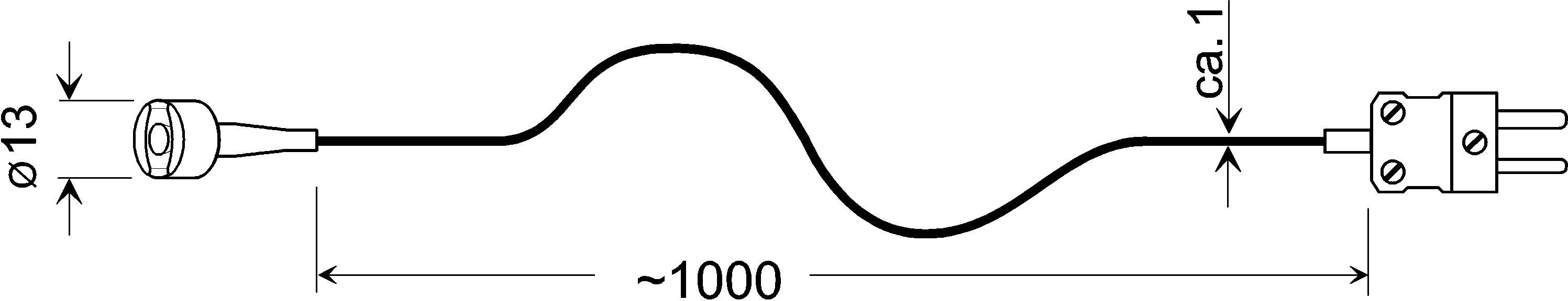 Diagram kabla s priključkoma na obeh koncih, ki navaja dolžino približno 1000 mm in premer približno 13 mm in 1 mm.