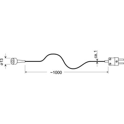Diagram kabla s priključkoma na obeh koncih, ki navaja dolžino približno 1000 mm in premer približno 13 mm in 1 mm.