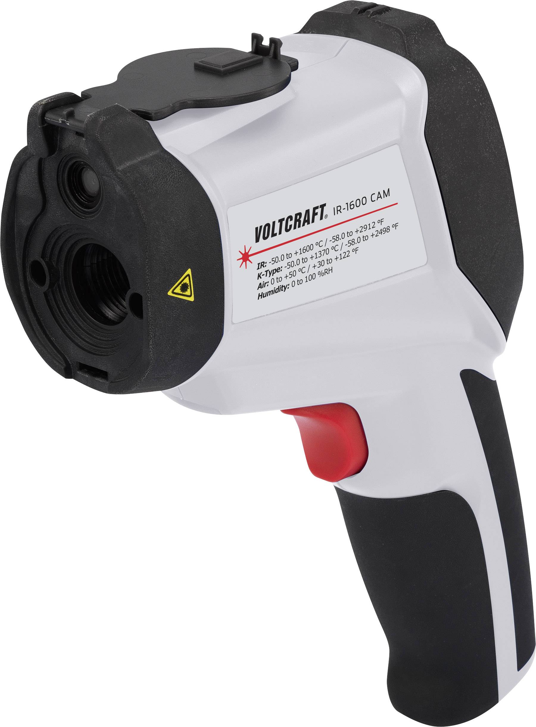 Infrardeči termometer s črnim in rdečim ročajem, označen zadaj. Model: Voltcraft IR-1600 CAM.