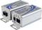 Dva srebrna Ethernet-over-UTP podaljševalnika z modro oznako 'Easy UTP' in priključki za napajanje in Ethernet na beli podlagi.
