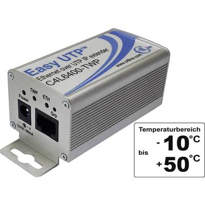 Siv Ethernet-podaljševalnik z napisom 'Easy UTP', priključki za TWP in ETH, primeren za temperature od -10°C do +50°C.