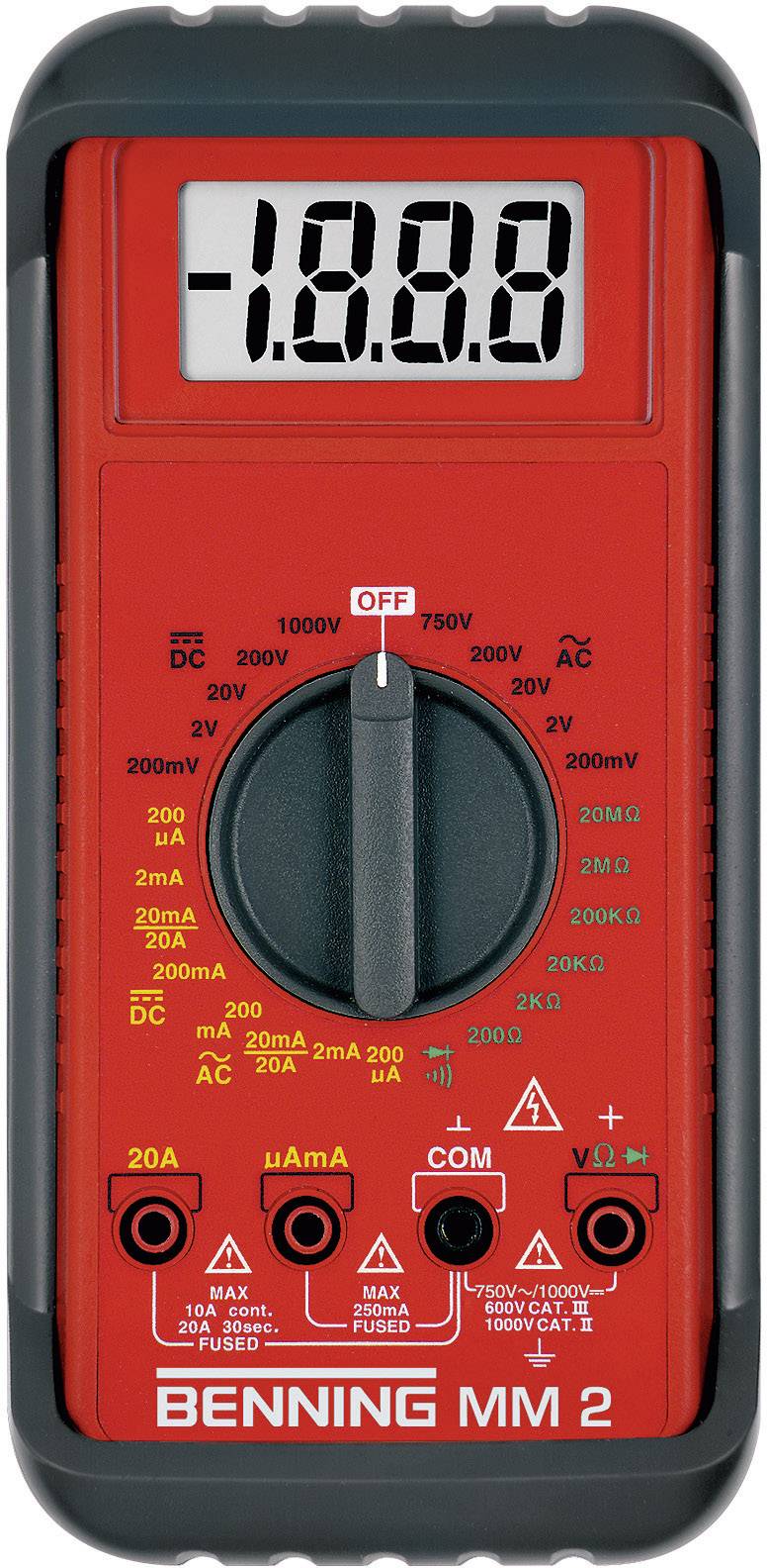 Rdeči multimeter z zaslonom, vrtljivi stikalni merilnik področij, priključki za merilne kable. Model 'Benning MM 2'.