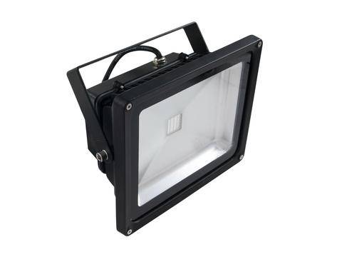 Črn pravokoten LED reflektor s kablom in nosilno sponko, primeren za zunanjo razsvetljavo.